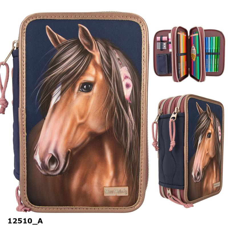 Miss Melody Triple Pencil Case With Quilting NIGHT HORSES